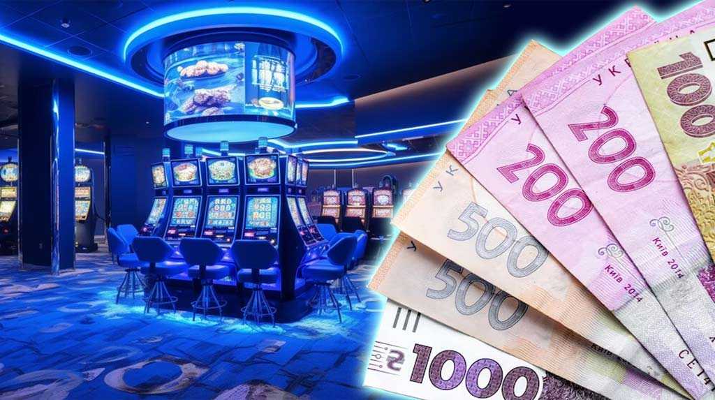 Фото казино залу казино з ігровими автоматами з гривнями на фоні