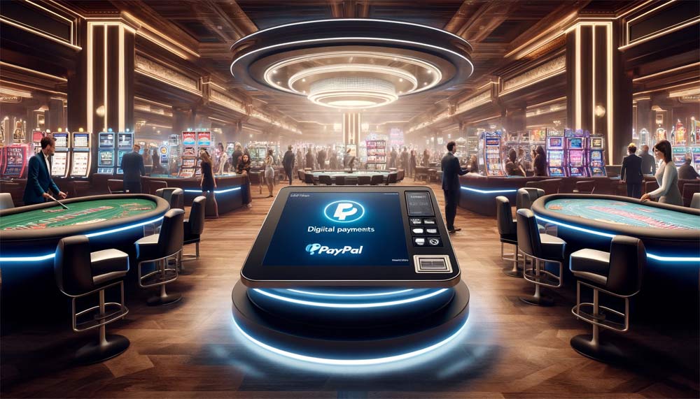 Яскравий зал казино з відвідувачами, на вході стоїть екран з оплатою PayPal
