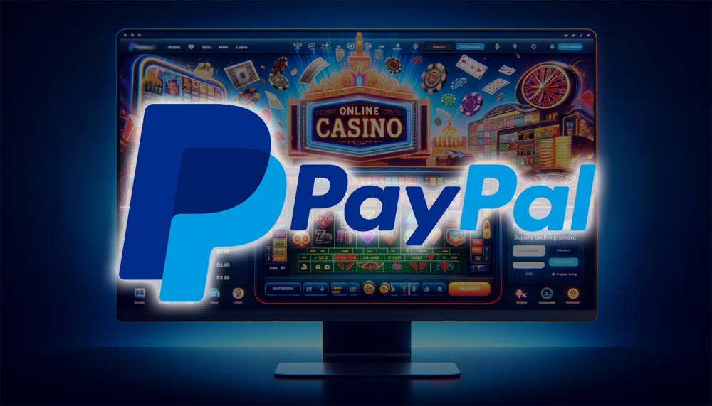 Онлайн казино на екрані монітора з великим лого PayPal