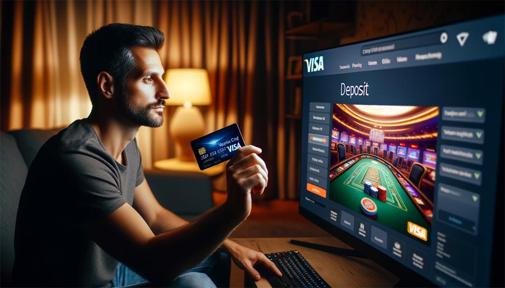 Чоловік вносить гроші на свій рахунок в казино через картку Visa, готуючись грати в рулетку