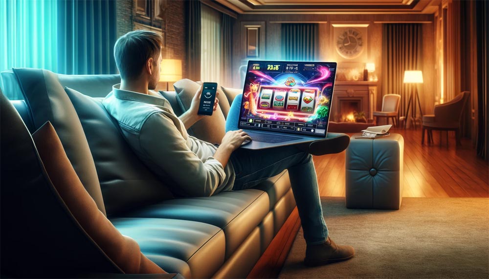 Чоловік сидить на дивані з ноутбуком, на екрані якого відкрите онлайн казино, та поповнює свій рахунок через смс з телефона