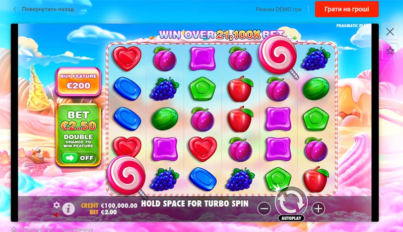 Кольоровий ігровий інтерфейс автомату Sweet Bonanza з різнобарвними фруктами та цукерками на різних барабанах, активний бонусний раунд на екрані.